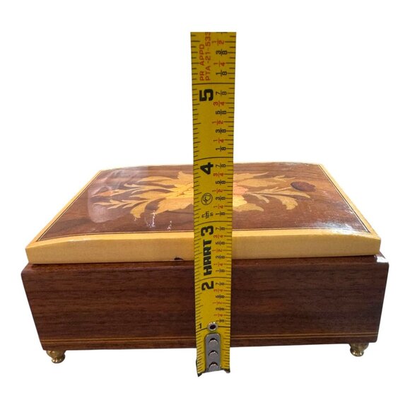 Vintage Reuge Musical Italy Wooden Jewelry Box Floral Inlay Red Velvet Interior - Picture 11 of 11
